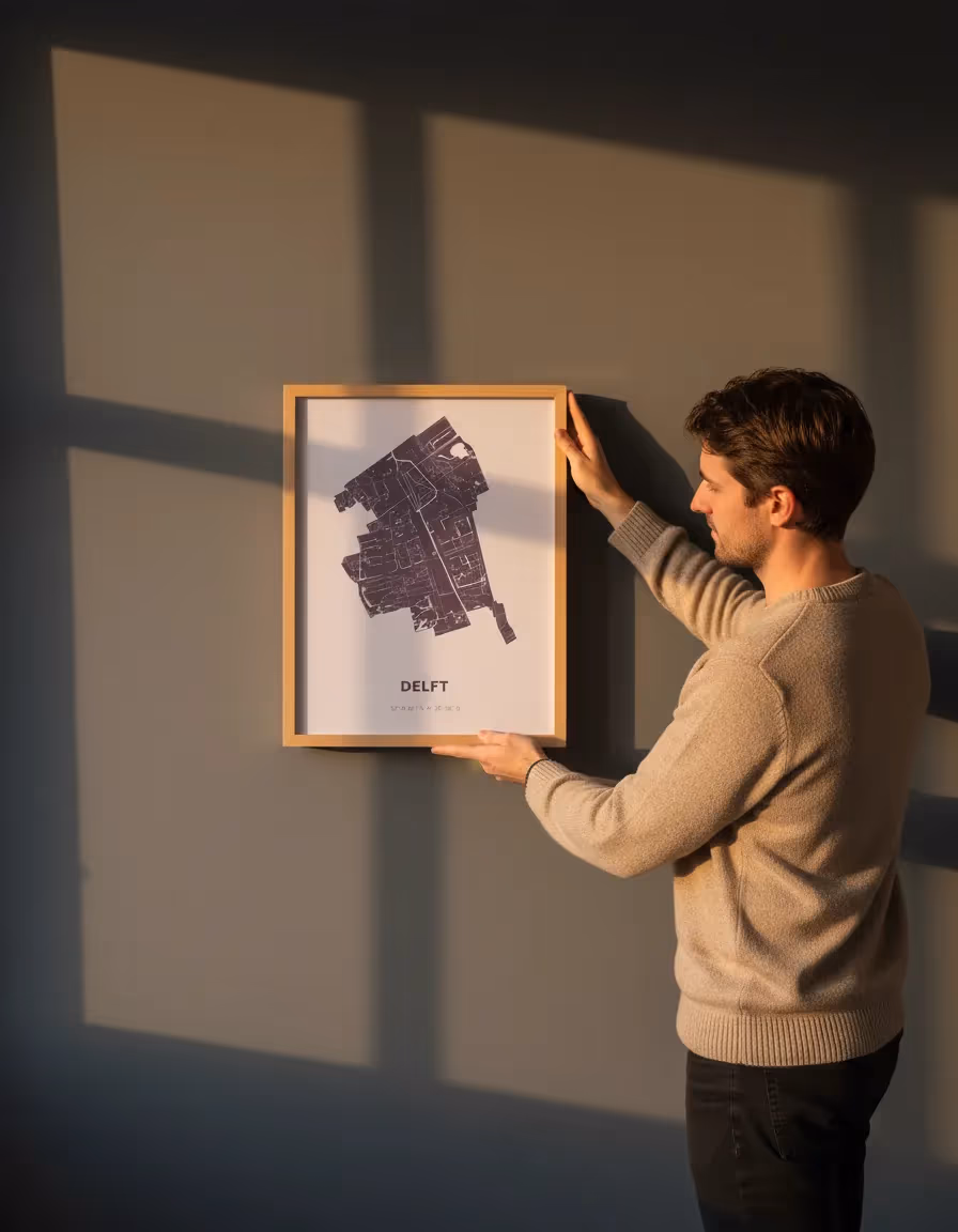 Minusto-poster aan de muur bij @studio_bregje: Hoe persoonlijk wil je het hebben? Mijn dorpje aan de muur